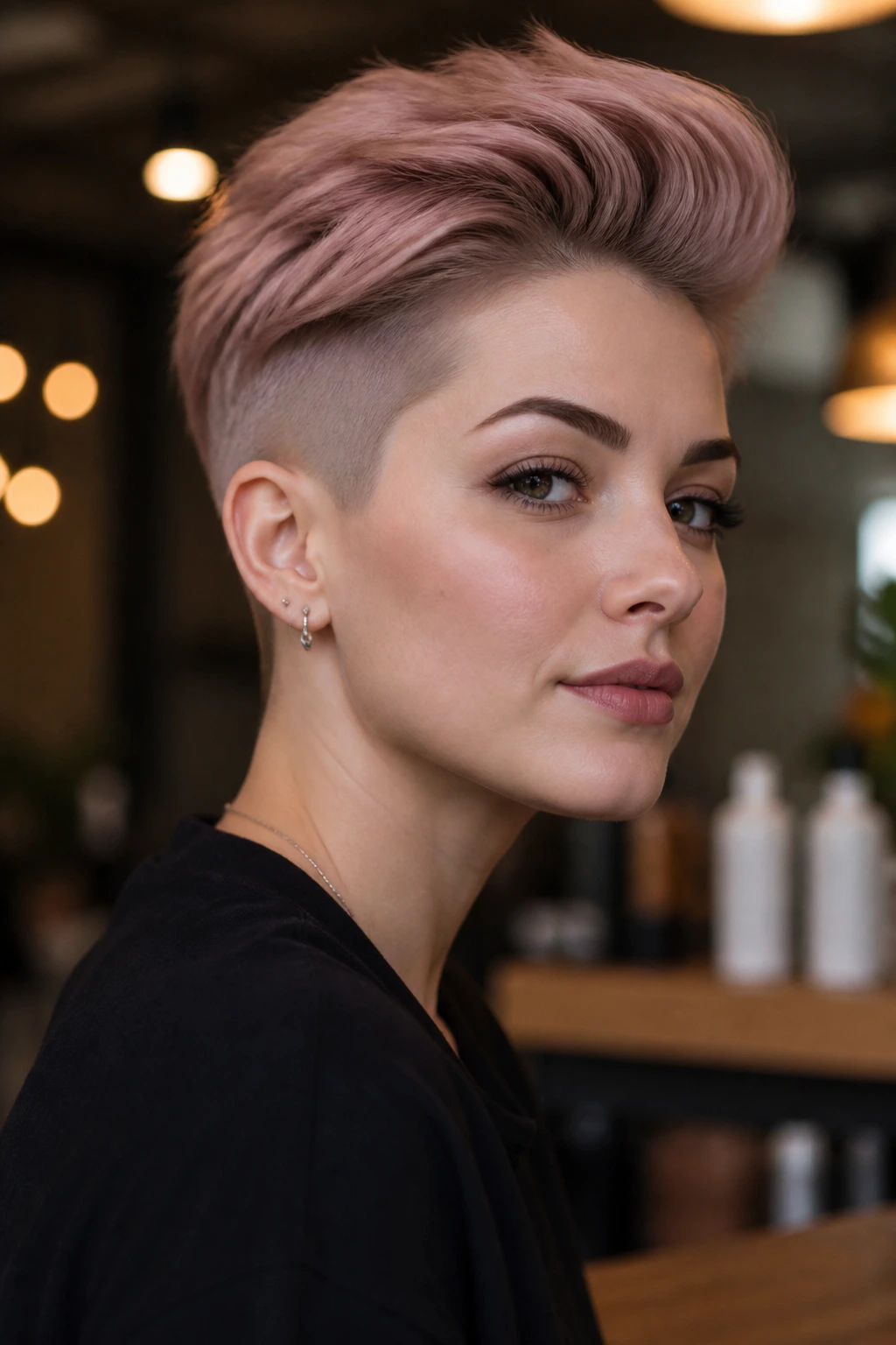Portrait of a real person with an undercut and smoky pink Rosé on top