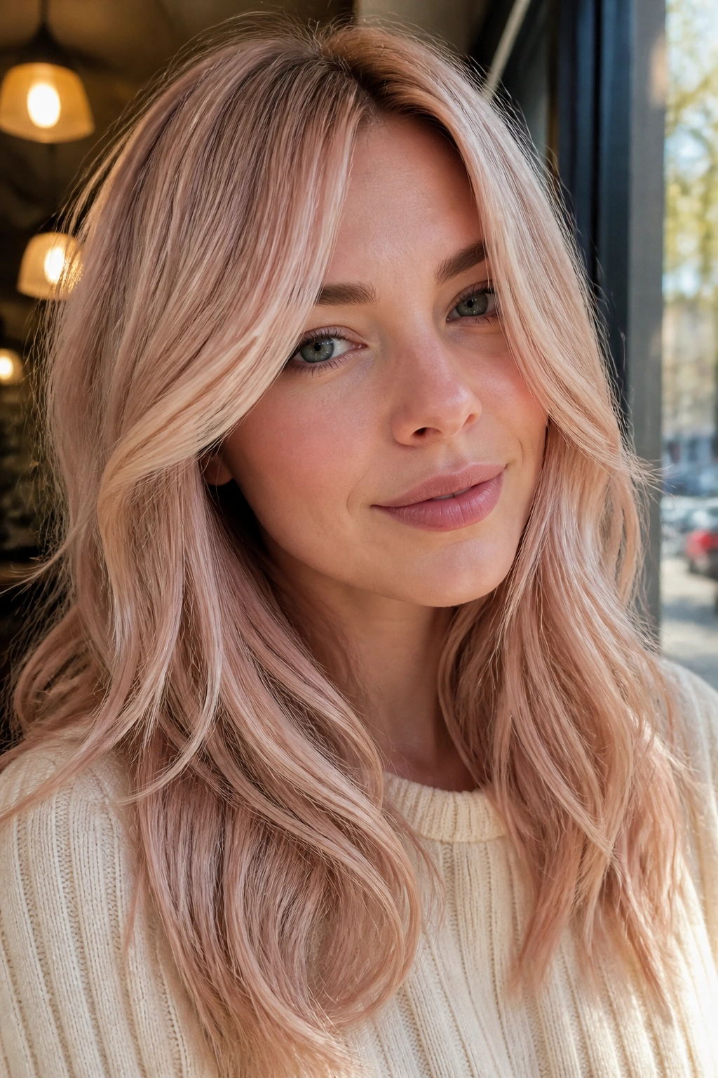Close-up portrait of a real woman with cool rose gold blonde hair