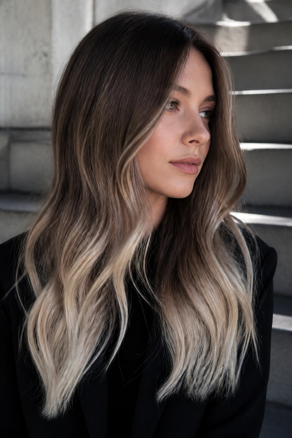 Cool sable hair with frosted ends on a real person, dark to light gradient.