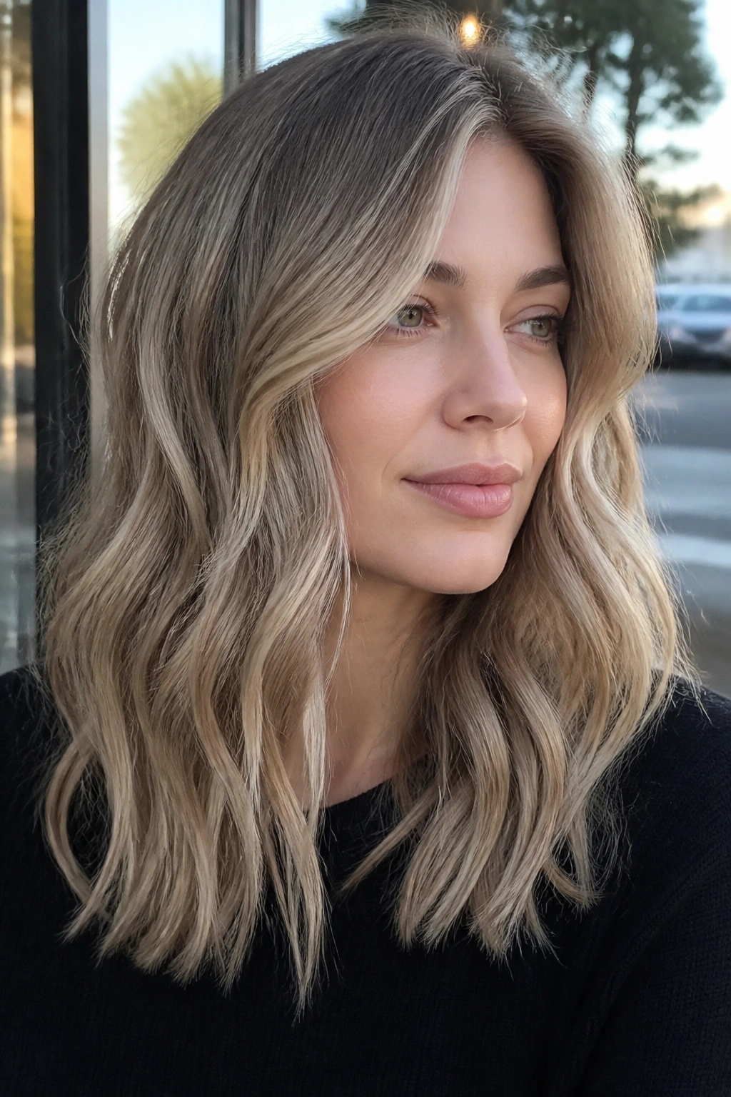 Real woman with cool sand beige waves and soft neutral-cool tone.