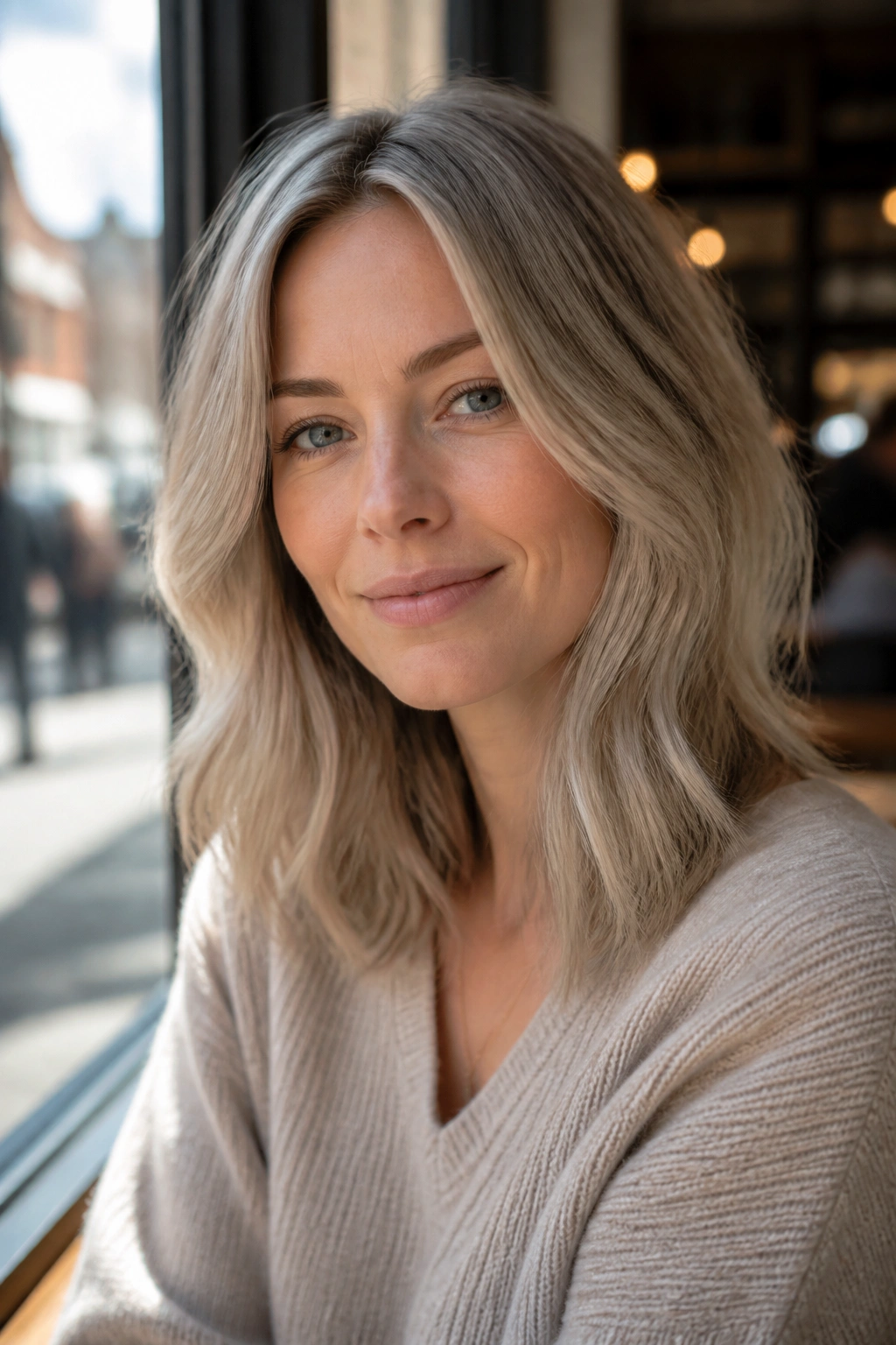 Mid-length cool sand blonde with gray cast on a real person.