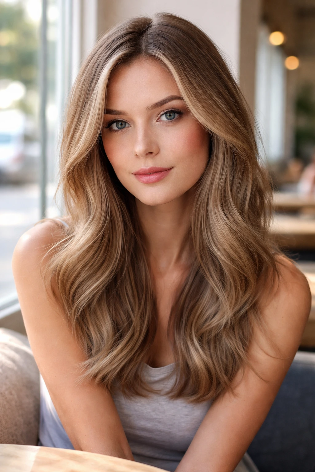 Close-up of real woman with cool sand bronde hair in soft waves
