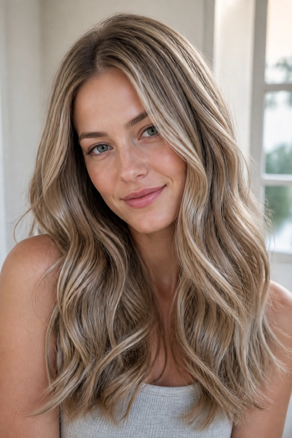 Close-up of blonde hair with cool sand lowlights on a real woman