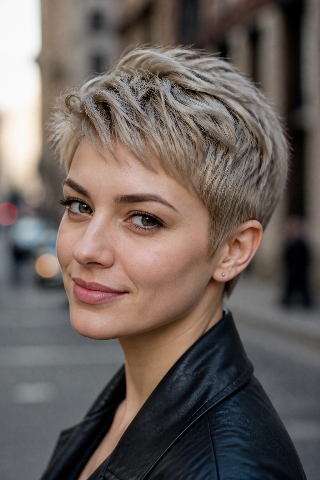 Close-up of a real person with cool sand pixie haircut in natural daylight