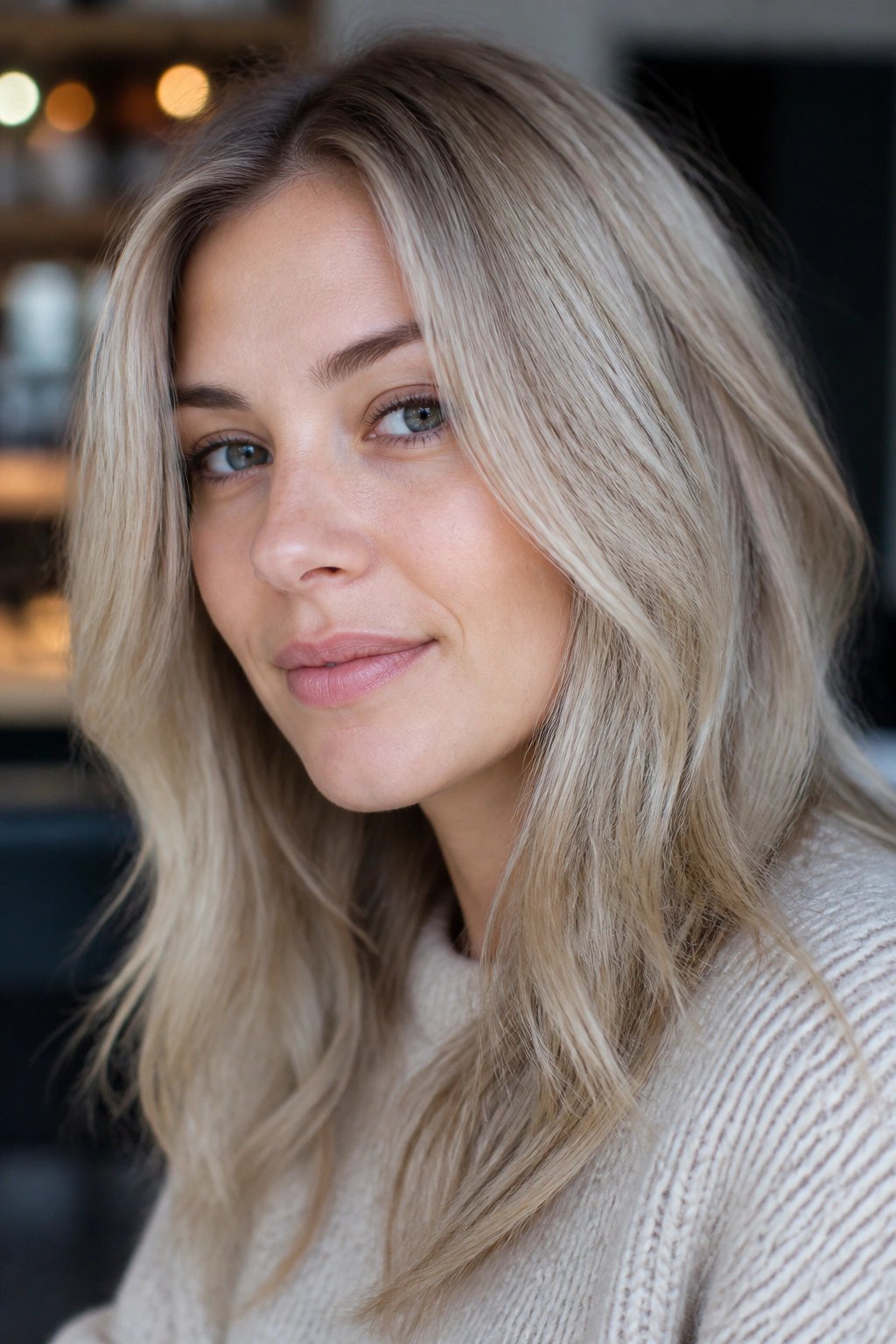 Close-up portrait of a woman with cool sandy blonde hair in a casual setting