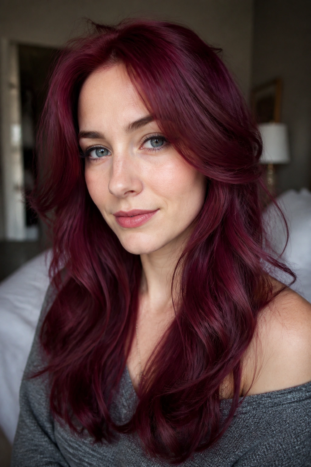 Close-up portrait of a person with blue-violet cherry red hair flattering cool skin tones