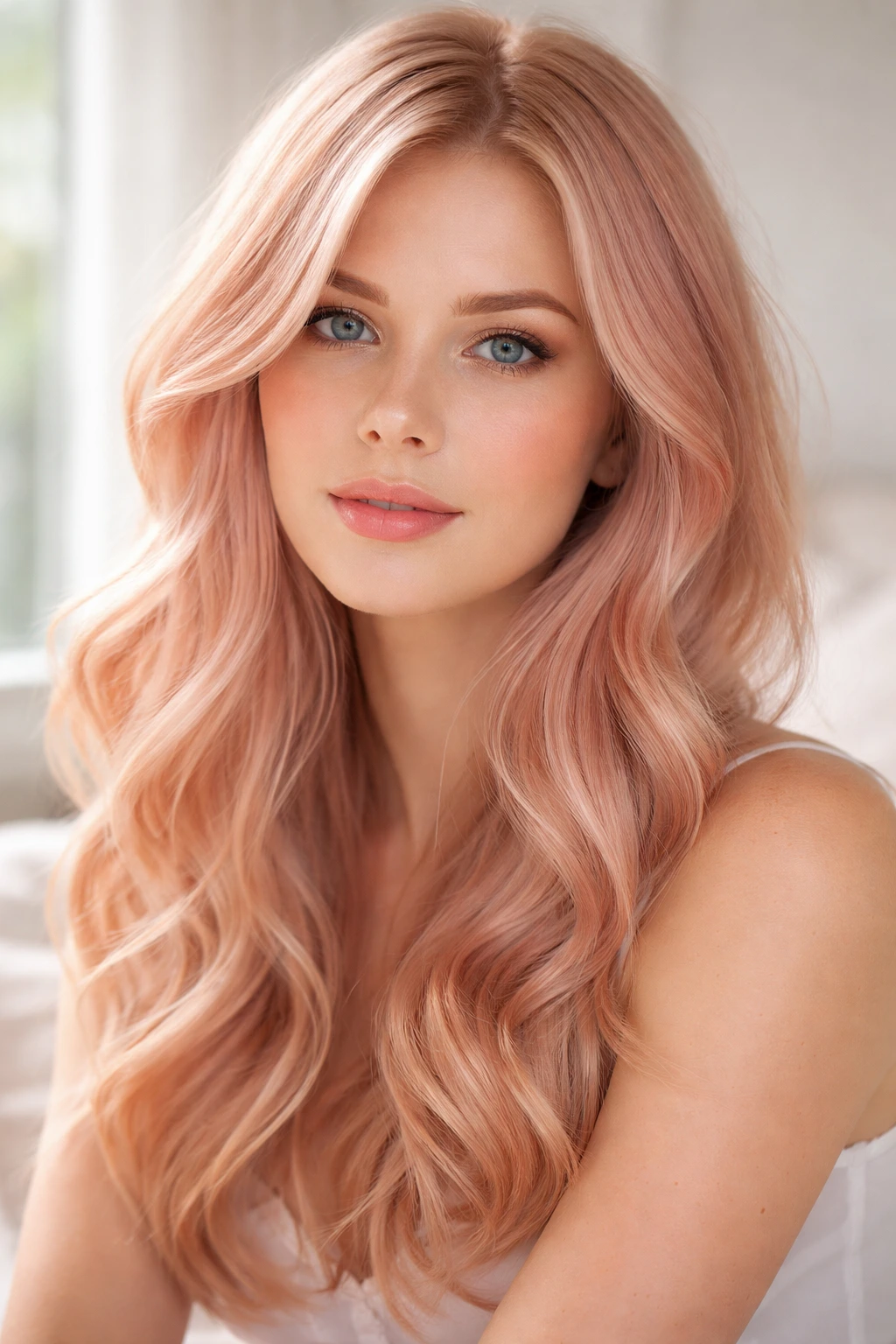 Close-up portrait of a woman with cool-toned strawberry blonde hair in a sunlit bedroom