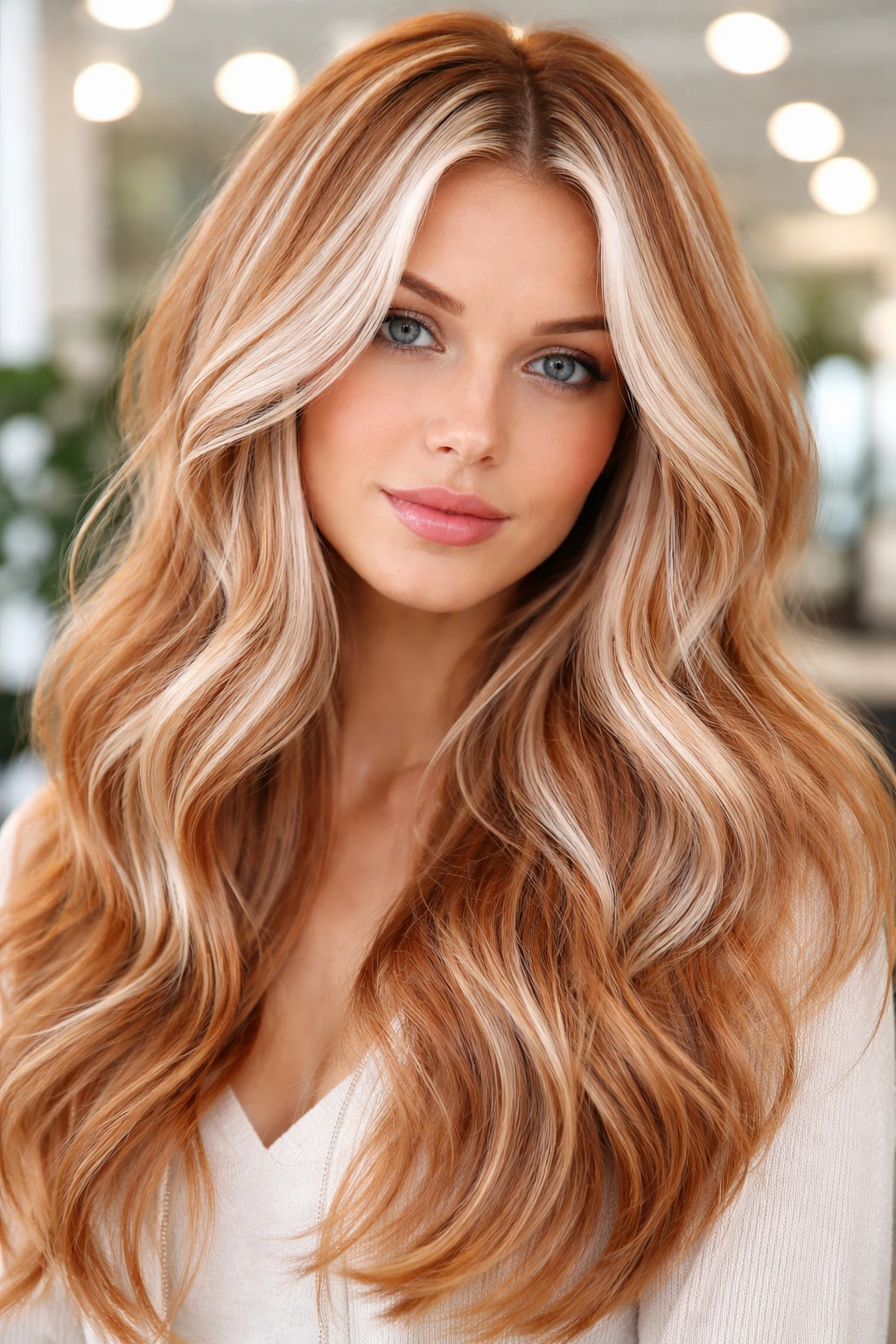 Close-up of a woman with cool strawberry blonde hair and platinum ribbons