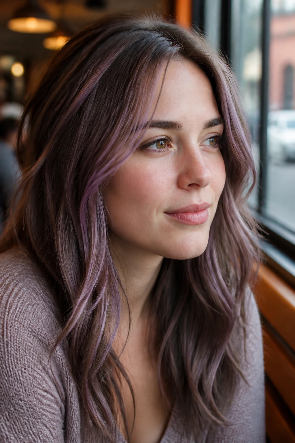 Close-up of a real person with cool taupe brown hair and orchid lights