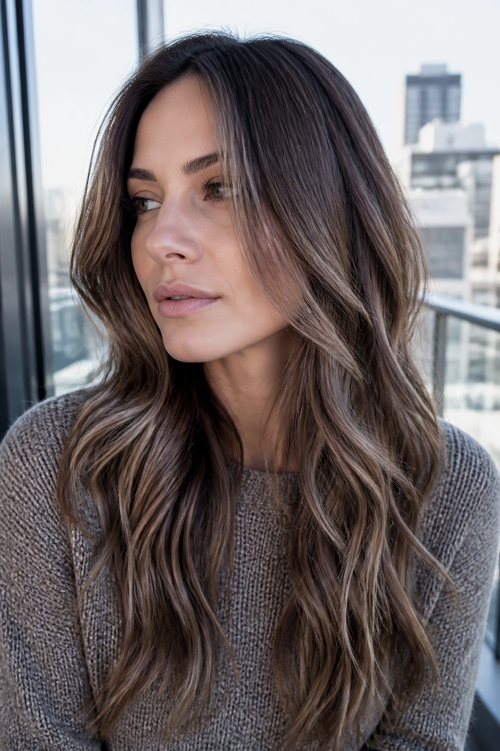 Close-up portrait of a real woman with cool taupe brunette balayage in natural daylight