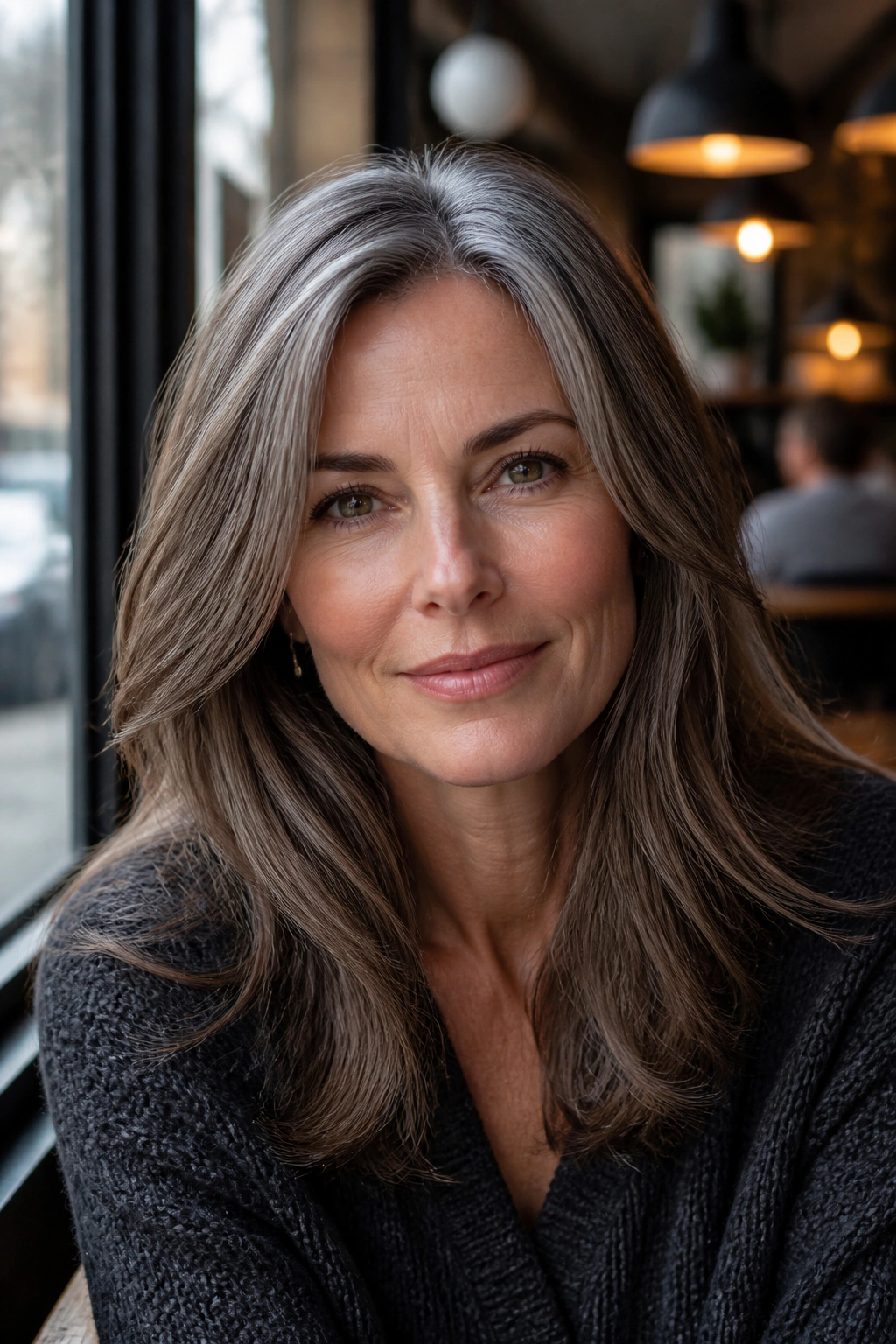 Close-up of a real woman with cool taupe salt-and-pepper hair in a cafe setting.