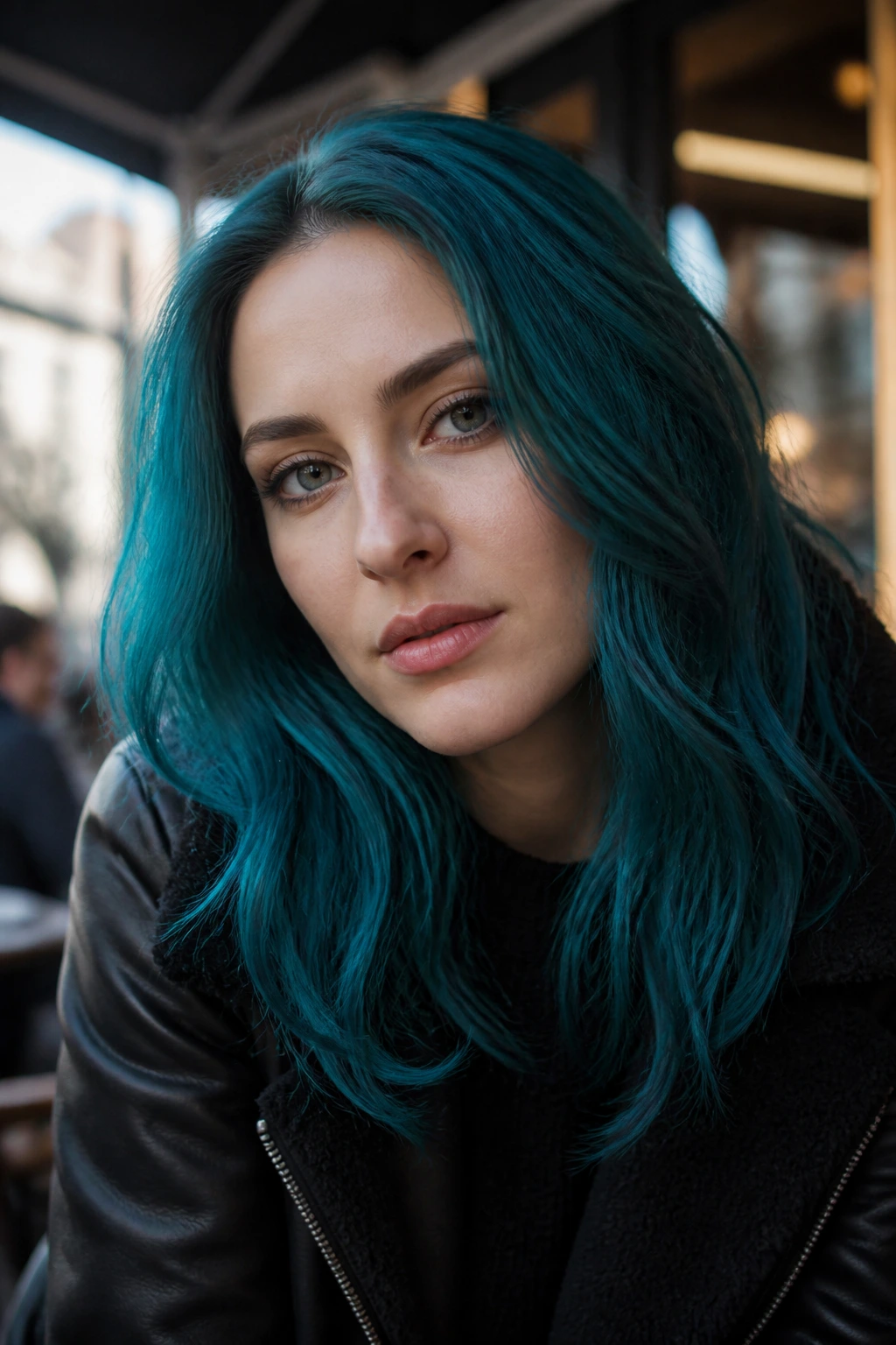 Close-up portrait of a woman with blue-leaning teal hair.