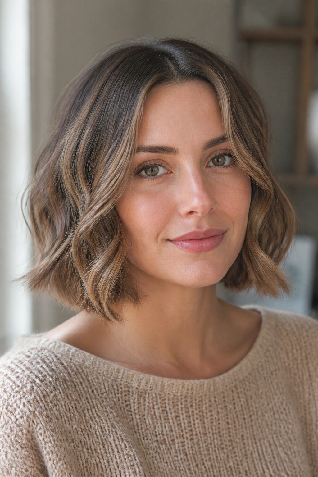 Close-up of real woman with a wavy bob in cool-toasted caramel tones
