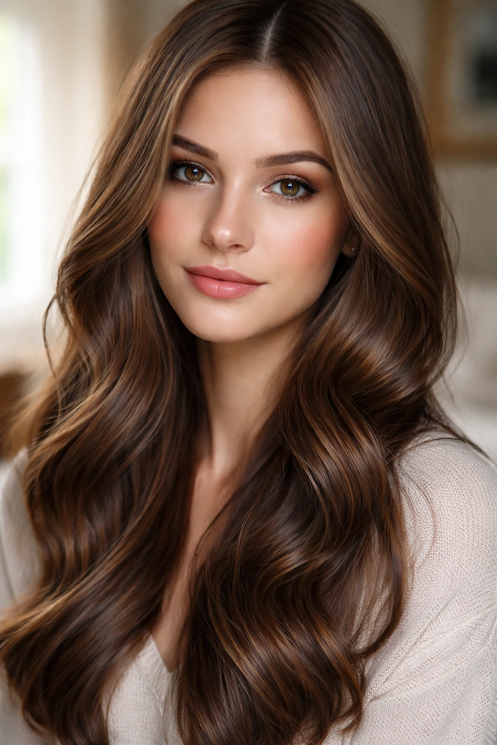 Close-up portrait of a person with cool toffee brown hair in ash-based caramel shade