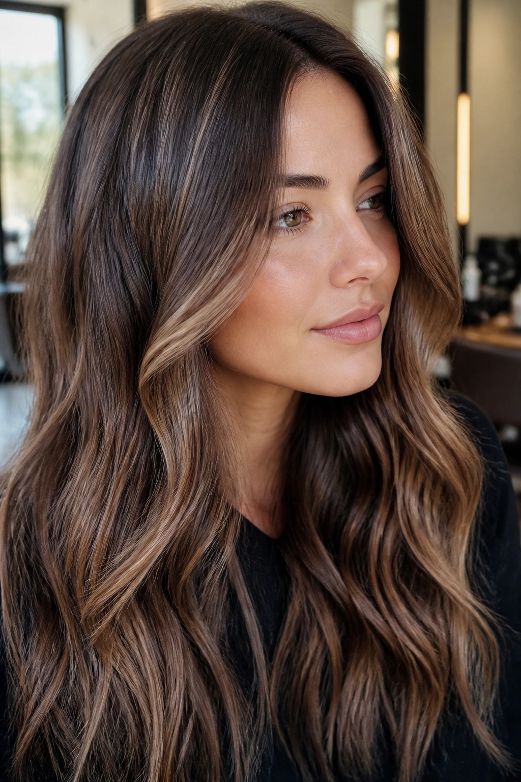 Close-up portrait of brunette hair with cool toffee lowlights around the face