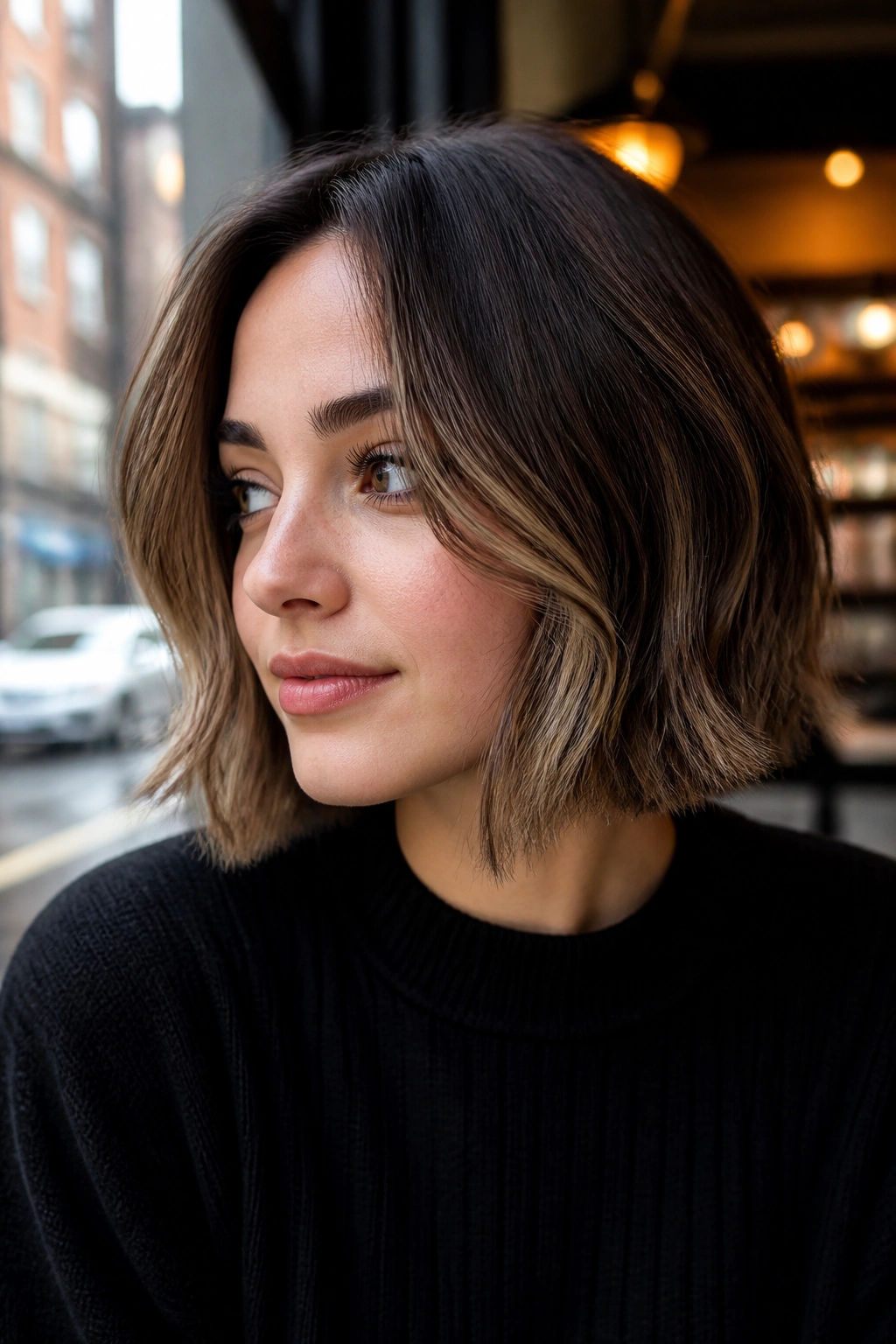 Portrait of a brunette bob with cool beige-toffee ribbons.