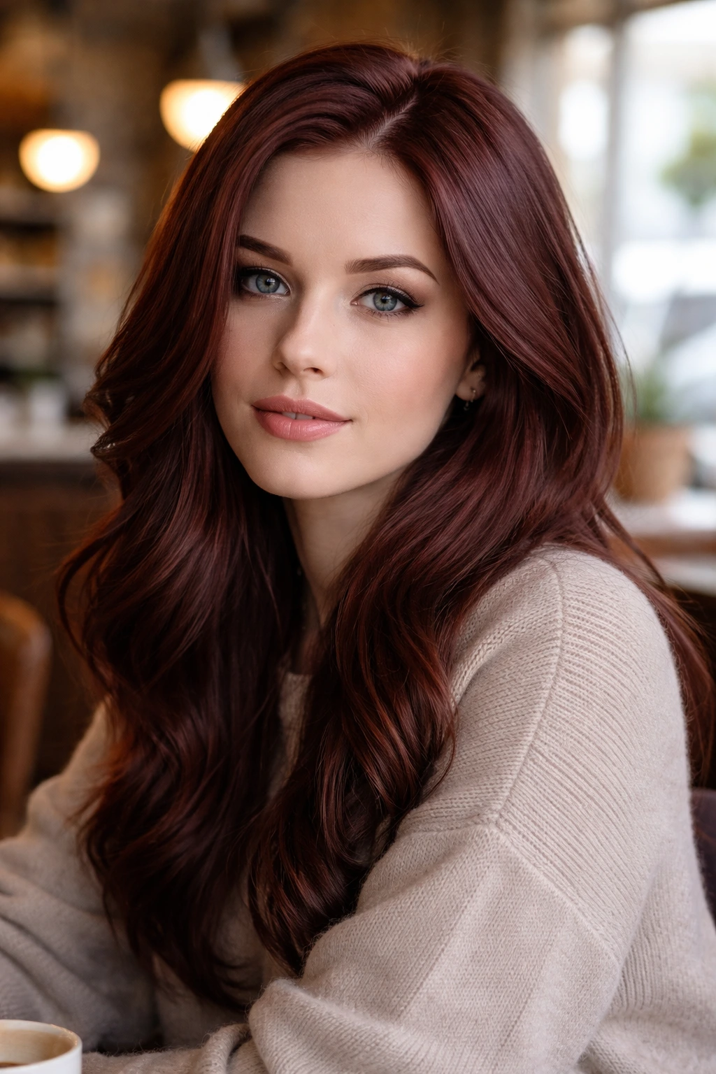 Close-up portrait of a woman with cool-toned auburn hair in a cafe.