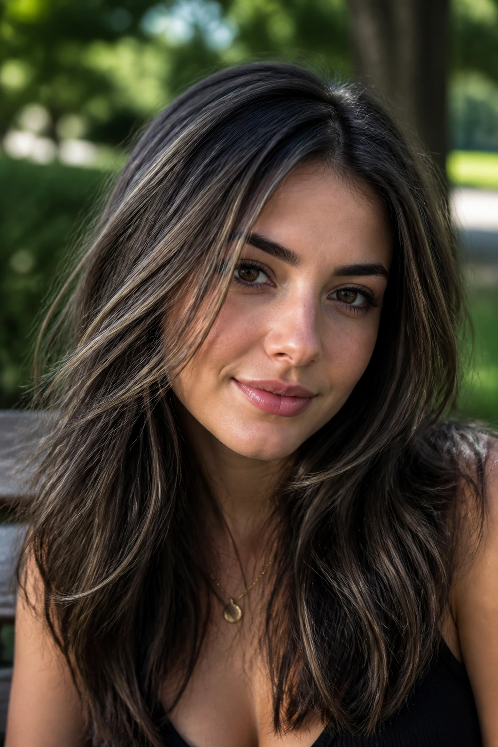 Close-up portrait of Cool-Toned Babylights showing fine highlights through dark hair