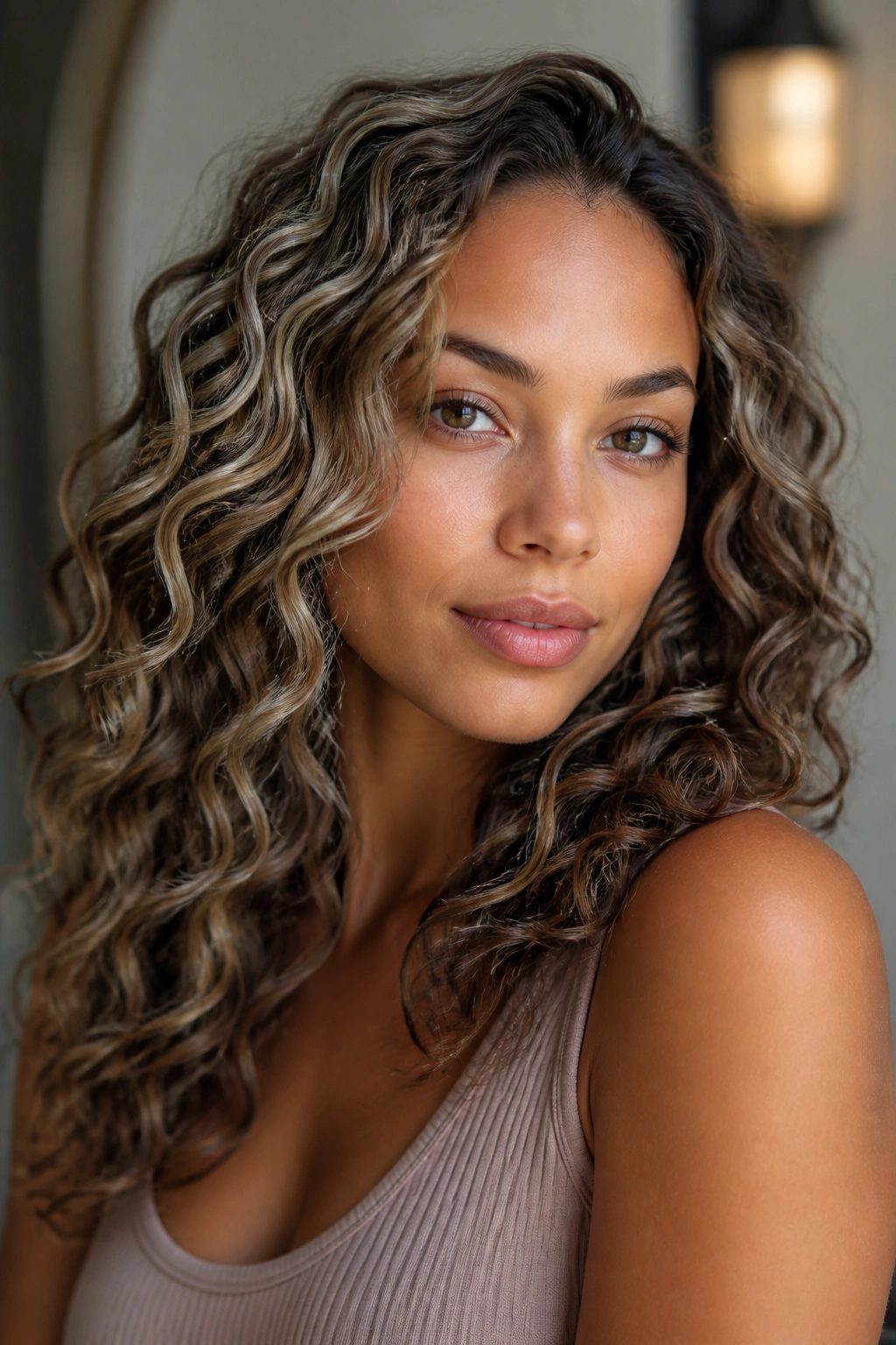 Portrait of a real woman with caramel brown curls enhanced by cool-toned ash balayage