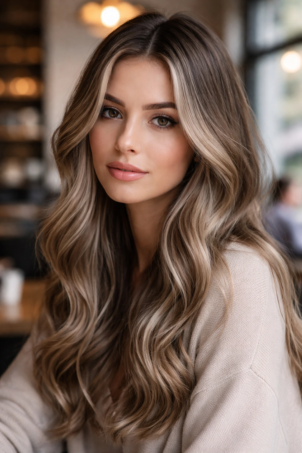 Portrait of a person with ash-brown roots and cool-beige highlights.