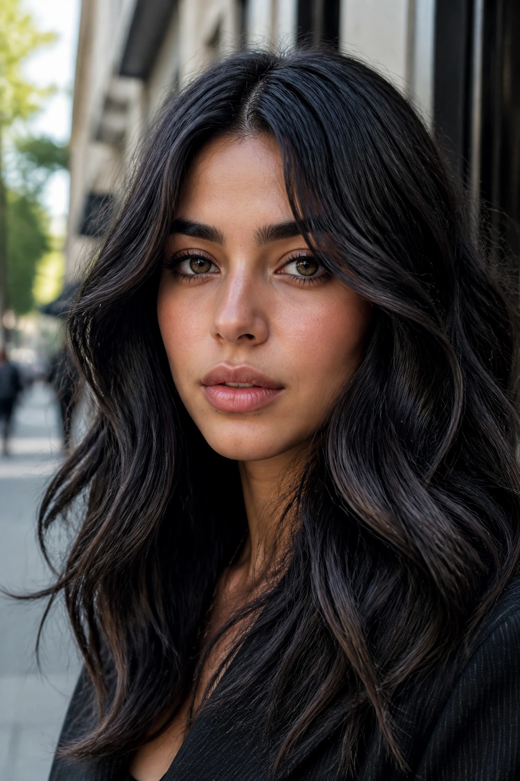 Close-up of olive-skinned person with cool-toned black highlights at temples