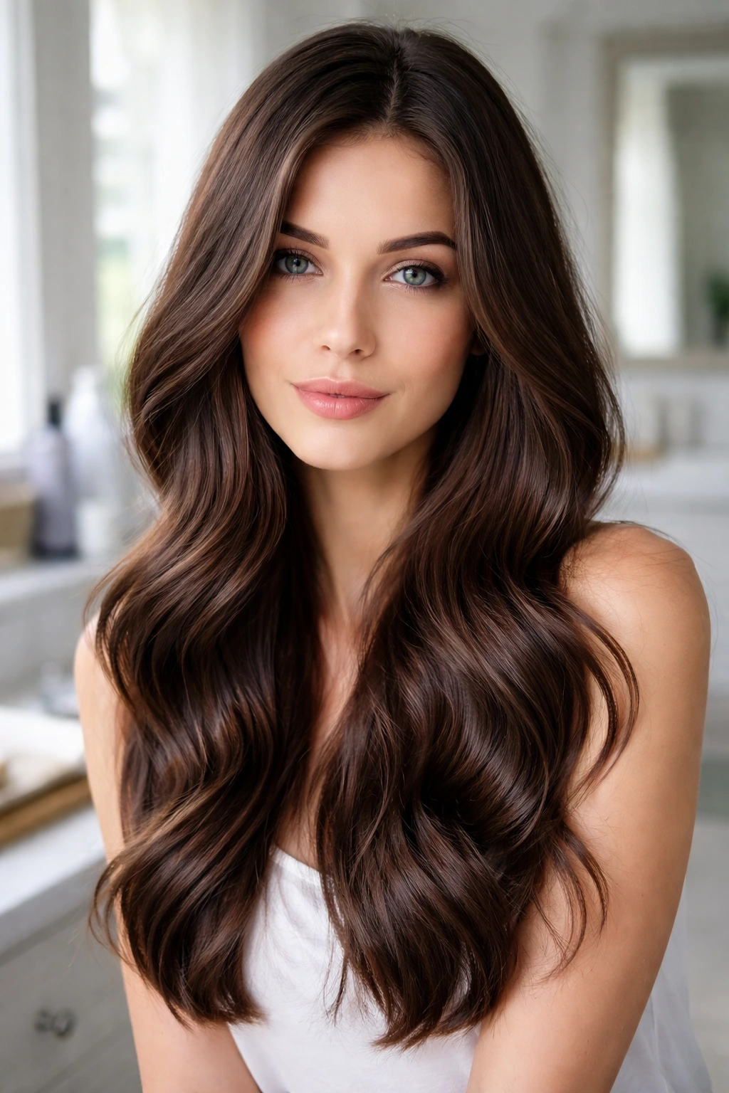 Close-up of a woman with cool-toned brown hair in bathroom light