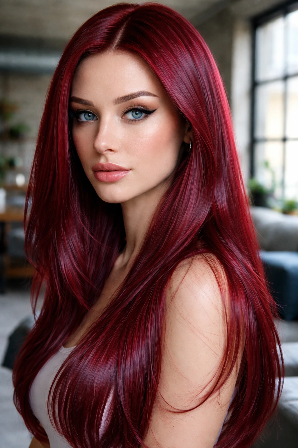 Close-up of a woman with cool-toned cherry red hair and sleek shine