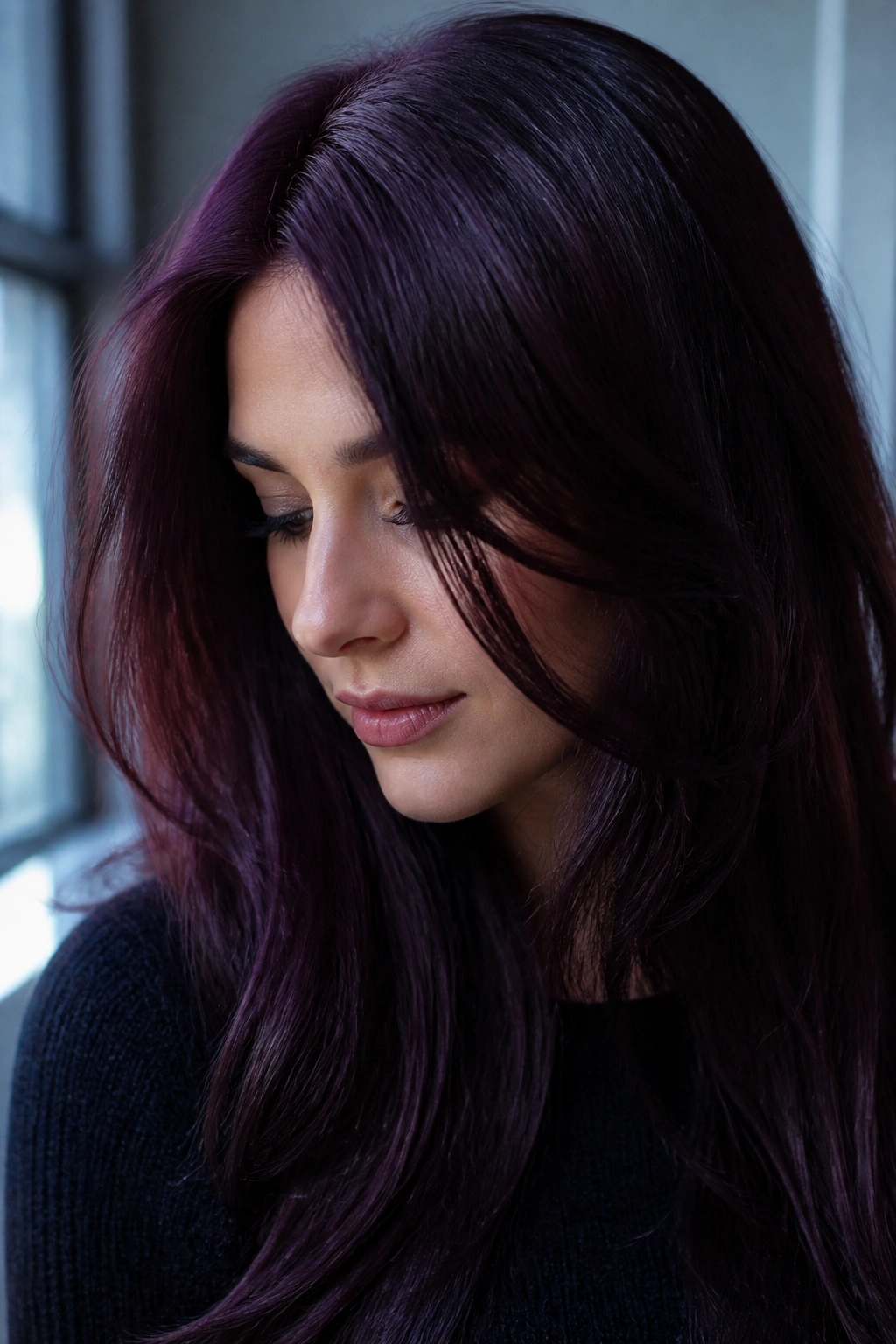 Close-up portrait of a real person with near-black cherry hair and blue-violet reflections