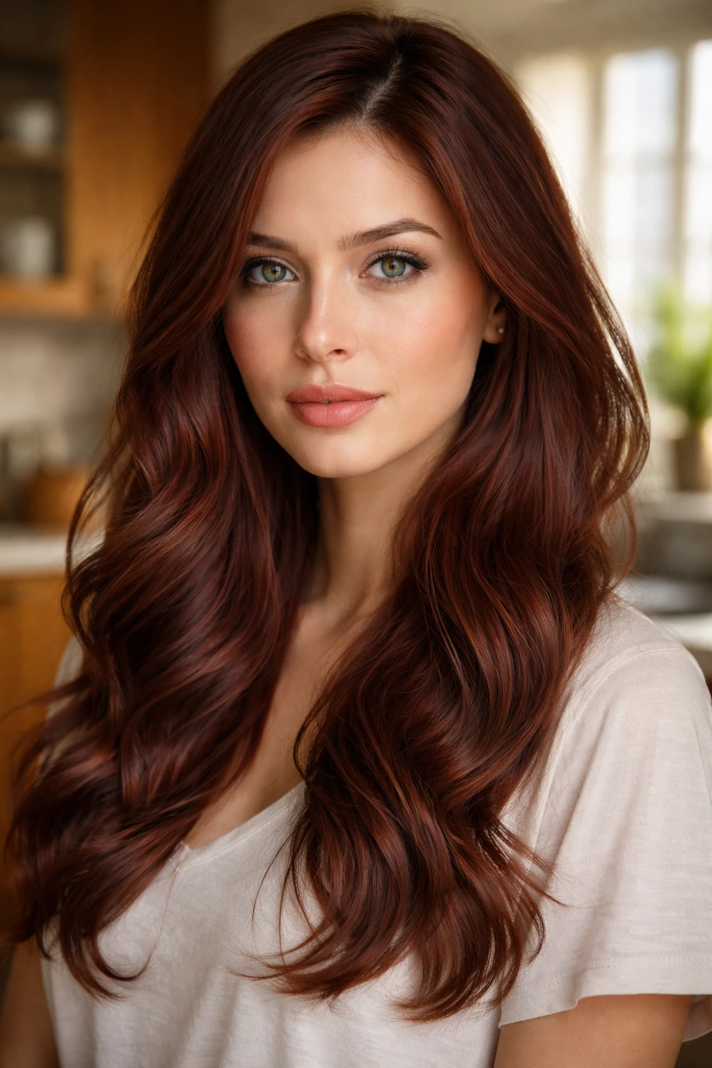 Cool-toned cinnamon hair close-up on a real woman in a modern kitchen
