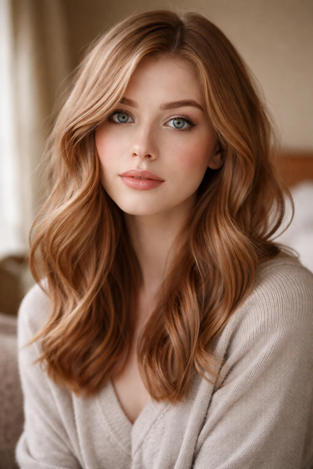 Close-up portrait of a real woman with cool-toned ginger hair in a cozy bedroom