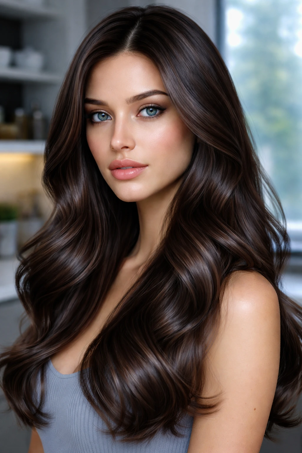 Close-up portrait of a person with Cool-Toned Glacé icy brunette hair in cool window light