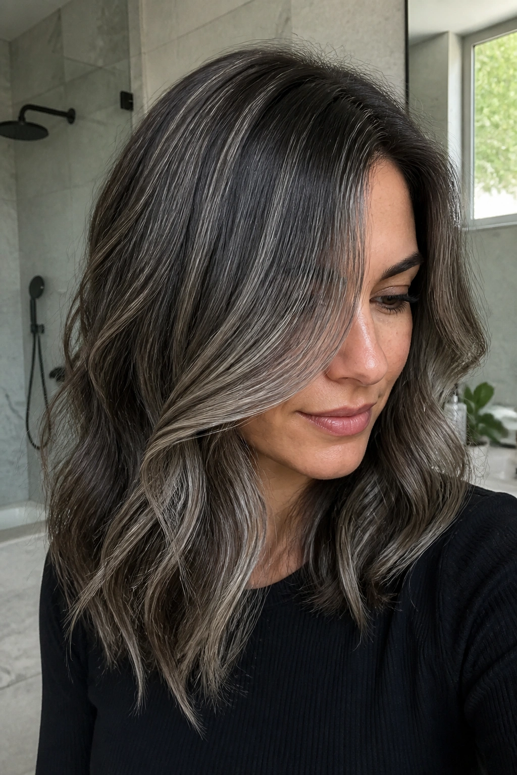 Close-up of real person with cool-toned lowlights and gray highlights