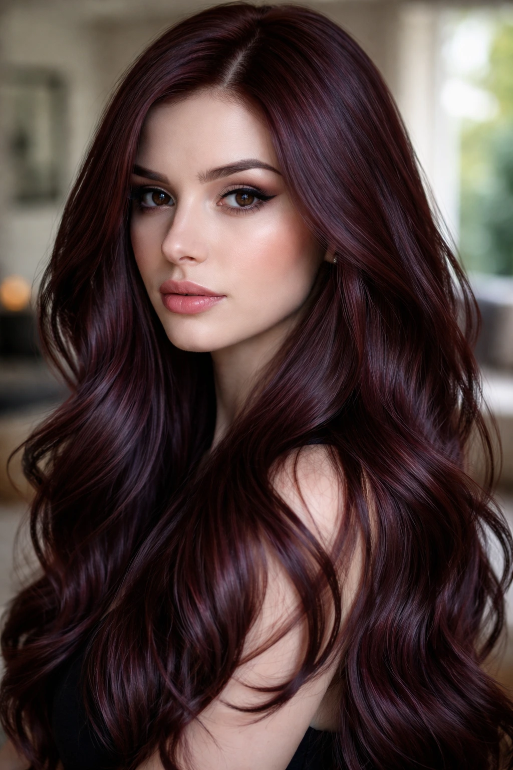 Close-up of a real woman with cool-toned mahogany hair and violet-blue undertones, soft daylight.