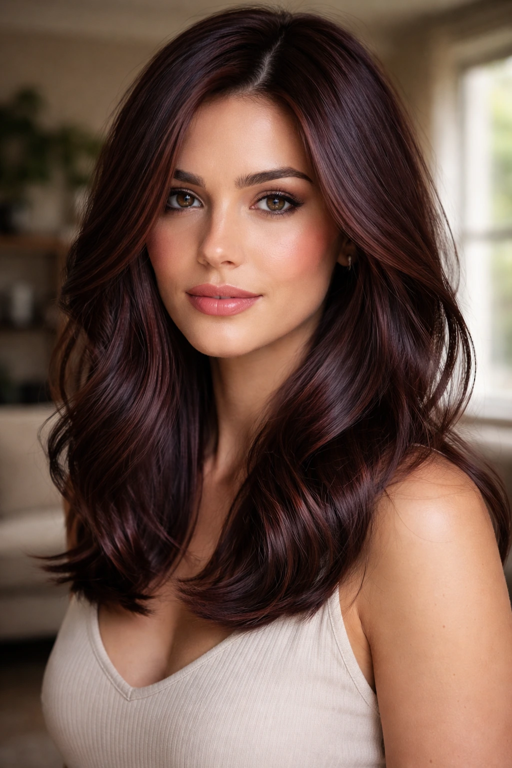 Close-up of a real woman with cool-toned mahogany hair in natural window light