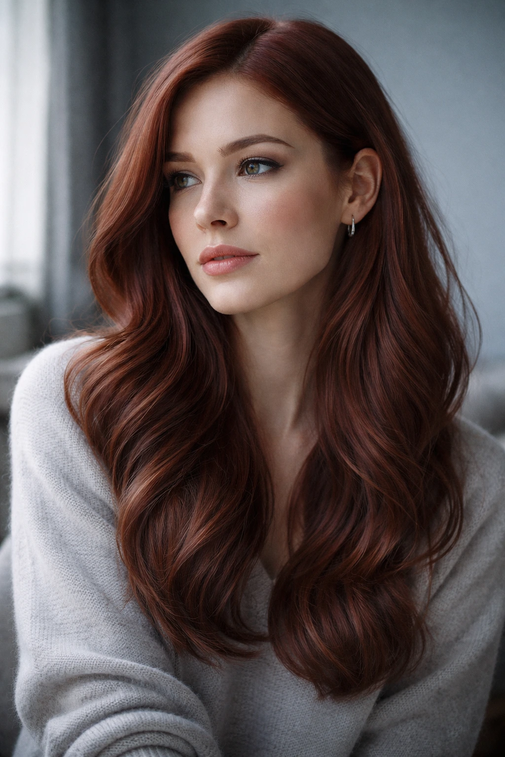 Close-up contemplative portrait of a person with cool-toned red hair