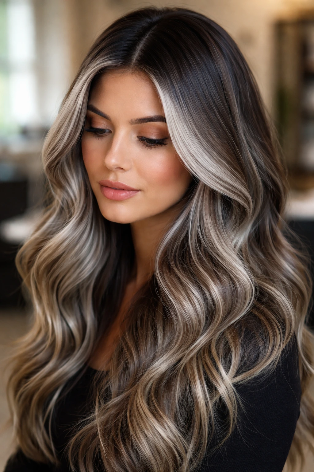 Close-up of a real woman with cool-toned root smudge blending into silver highlights.