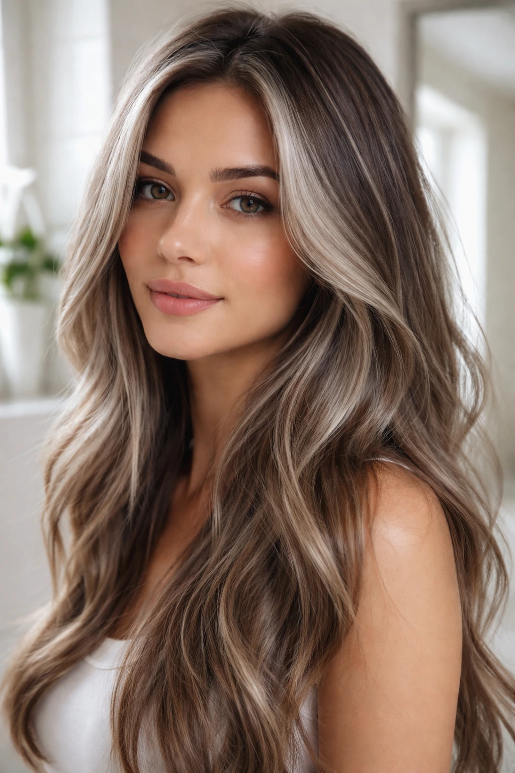 Close-up of a woman with cool-toned silver gloss over brown highlights