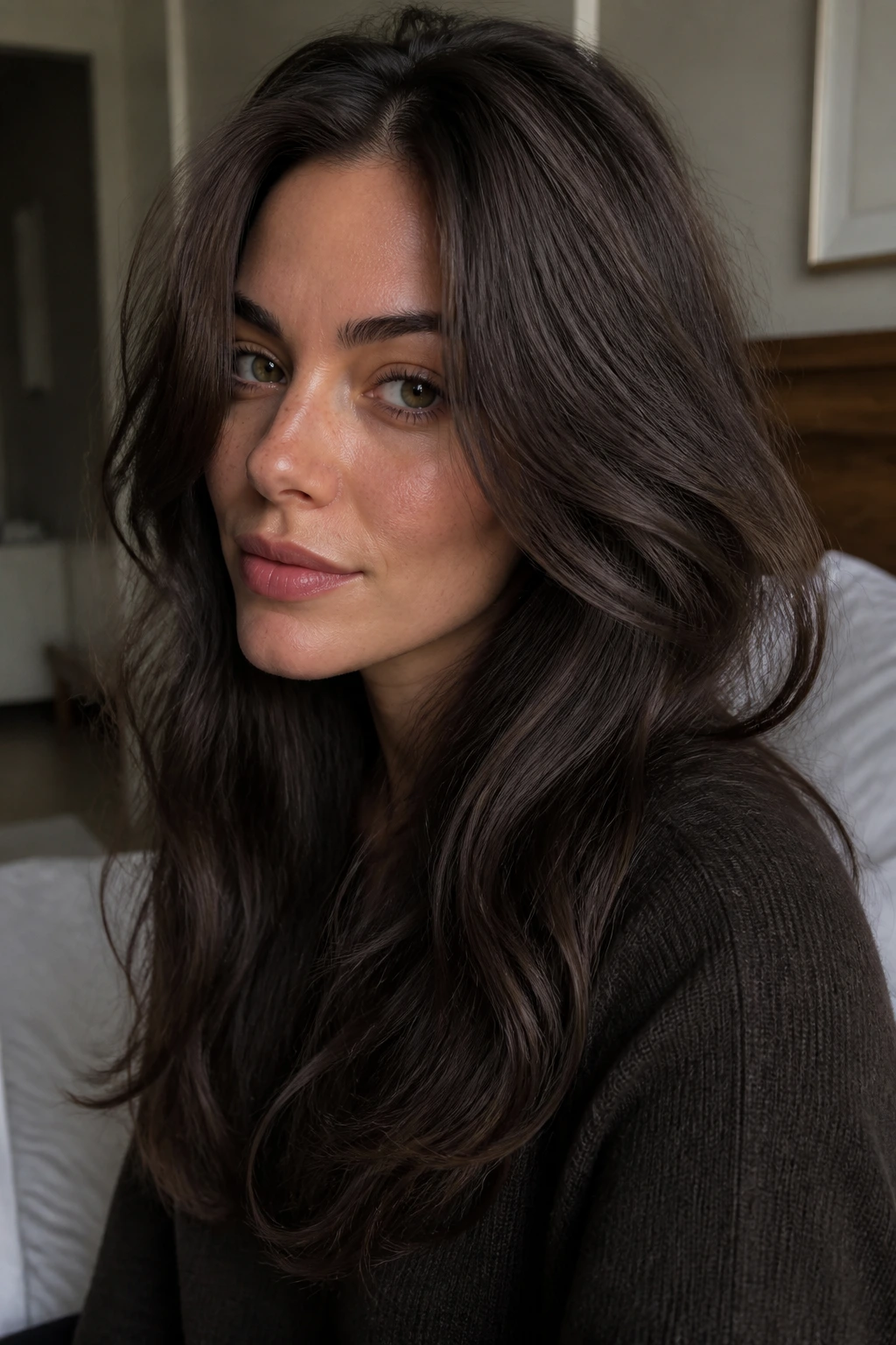 Close-up portrait of a woman with cool truffle brown hair in soft window light
