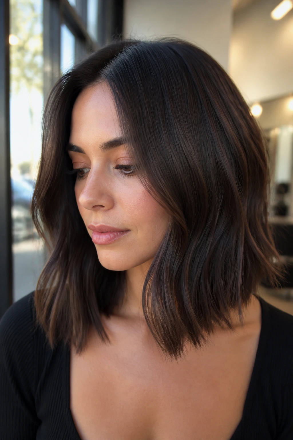 Close-up portrait of a woman with cool truffle long bob, plush finish and cheekbone framing.