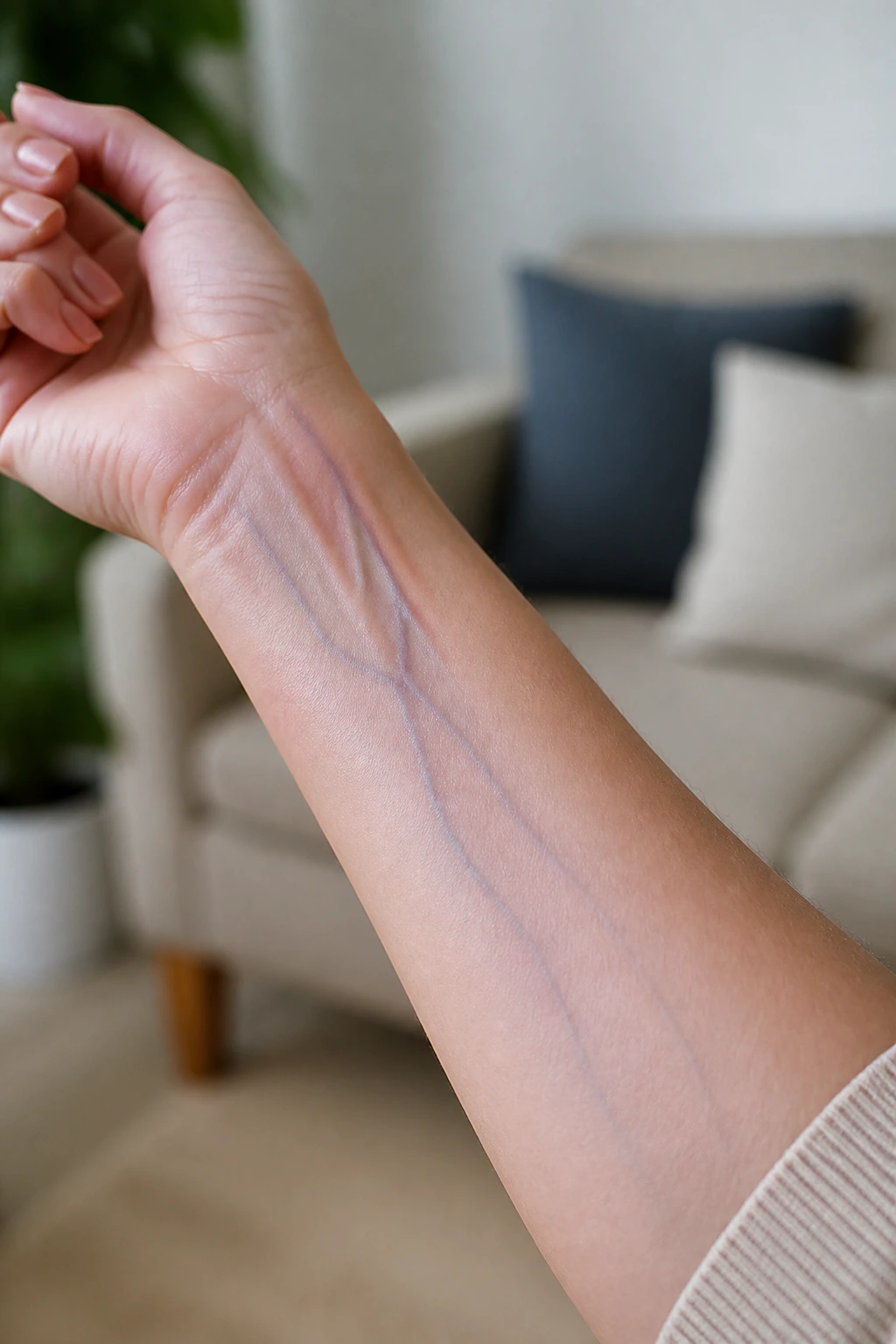 Forearm in natural light showing blue veins indicating cool skin tone