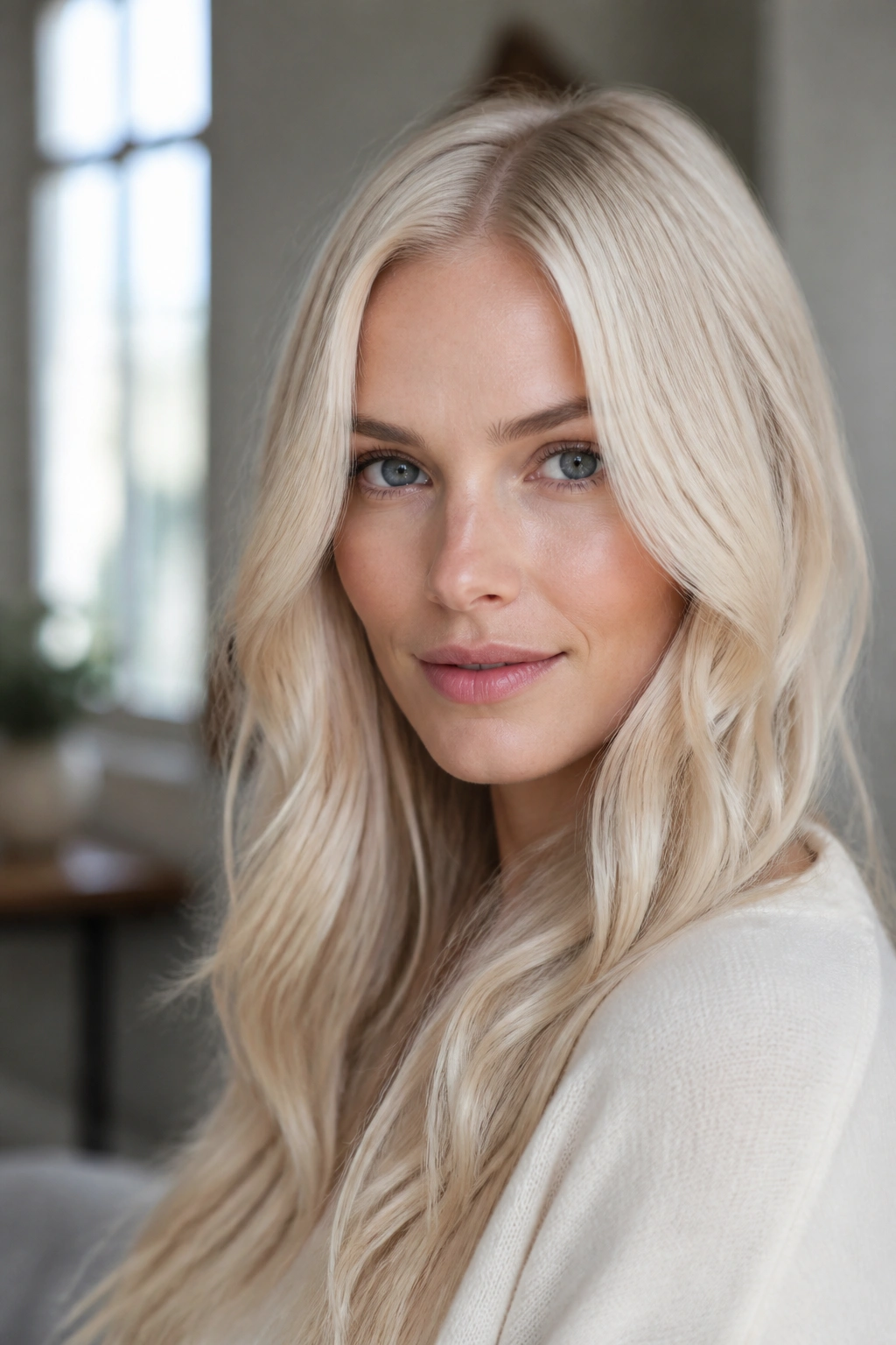 Portrait of a woman with cool vanilla blonde hair in soft light.