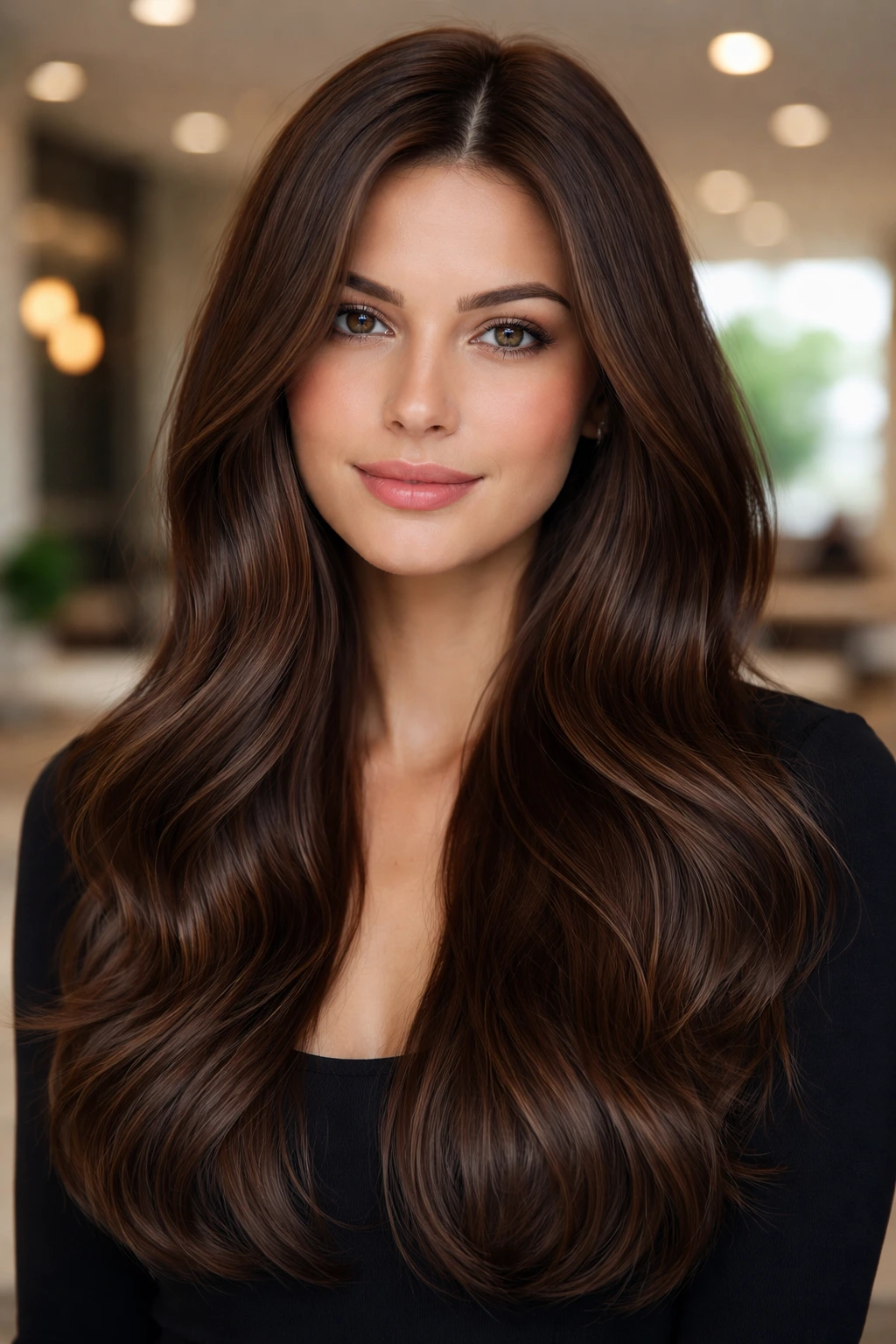 Close-up of a person with cool walnut hair (medium brown with ash undertones)