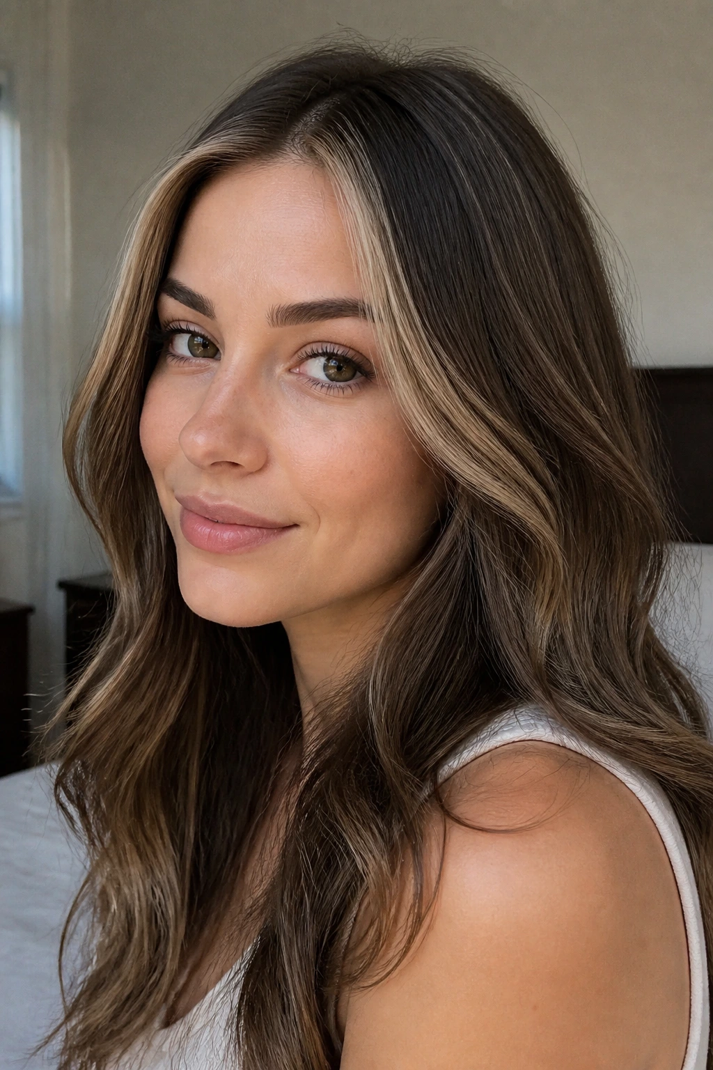 Close-up portrait of a woman with cool walnut hair and pale beige highlights around the face.