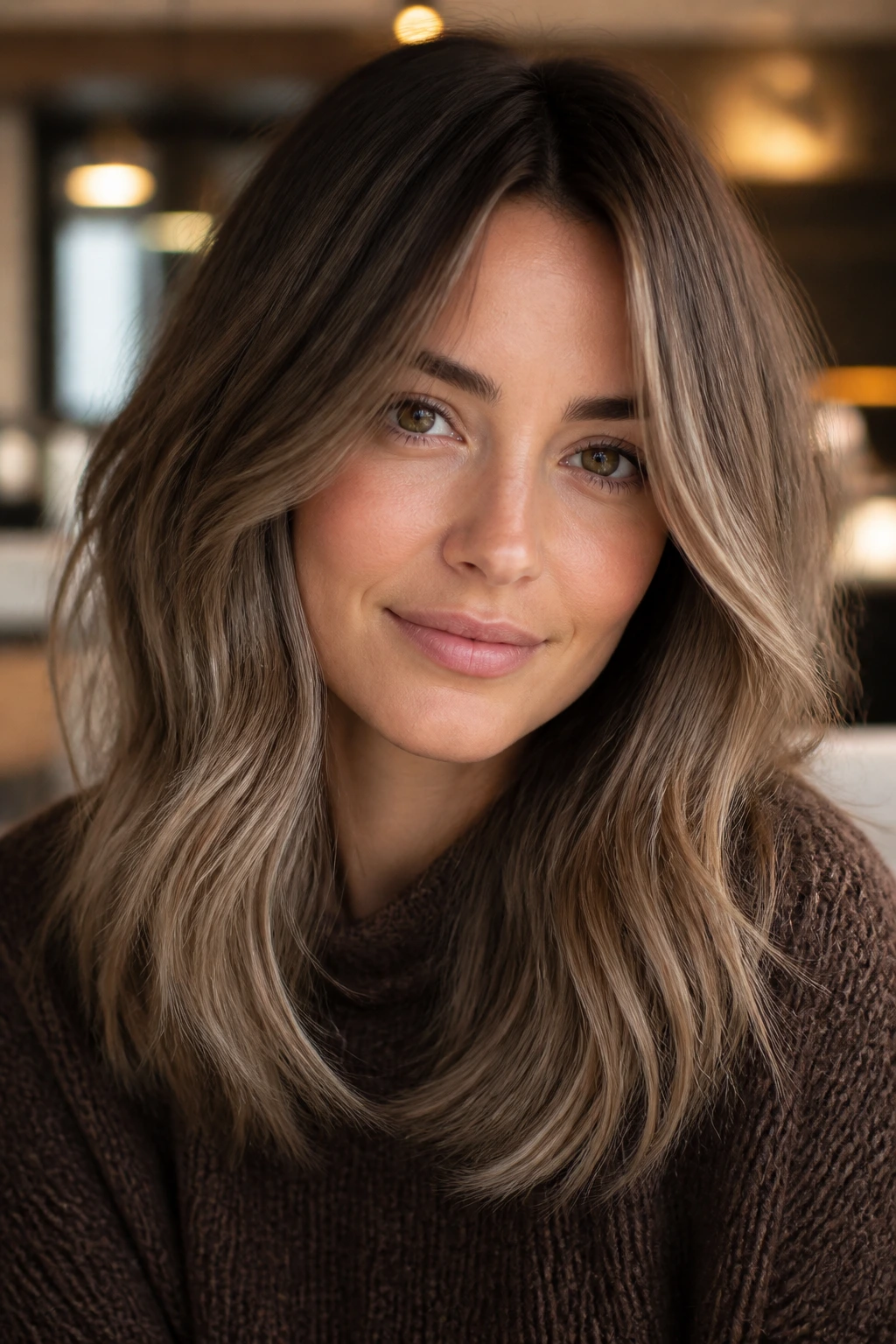 Portrait of cool-toned brunette-blonde bronde with mushroom caramel blend