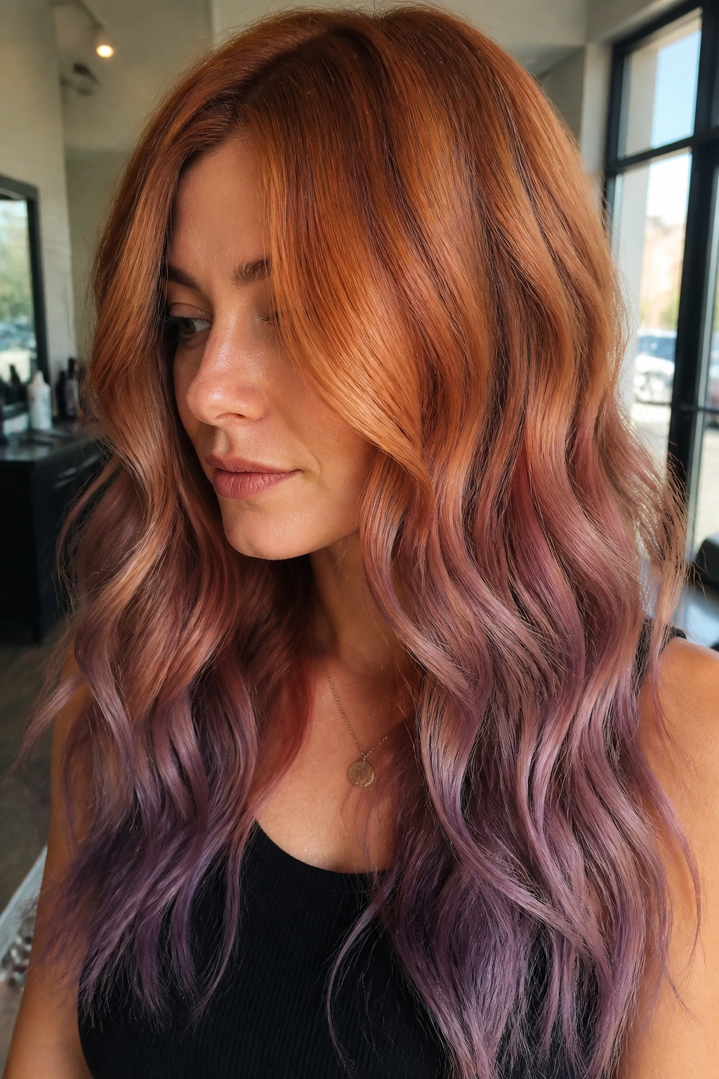 Close-up of a real woman with copper base hair and muted amethyst ends.