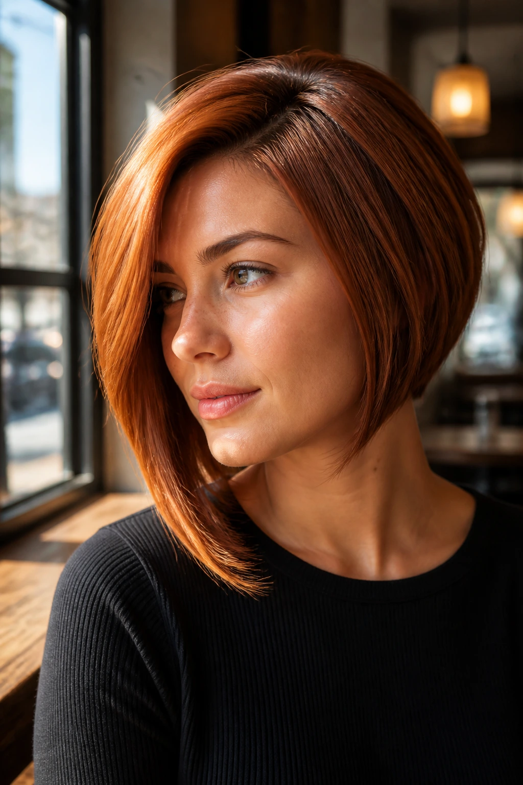 Close-up portrait of a real person with a copper asymmetrical bob in sunny outdoor cafe light