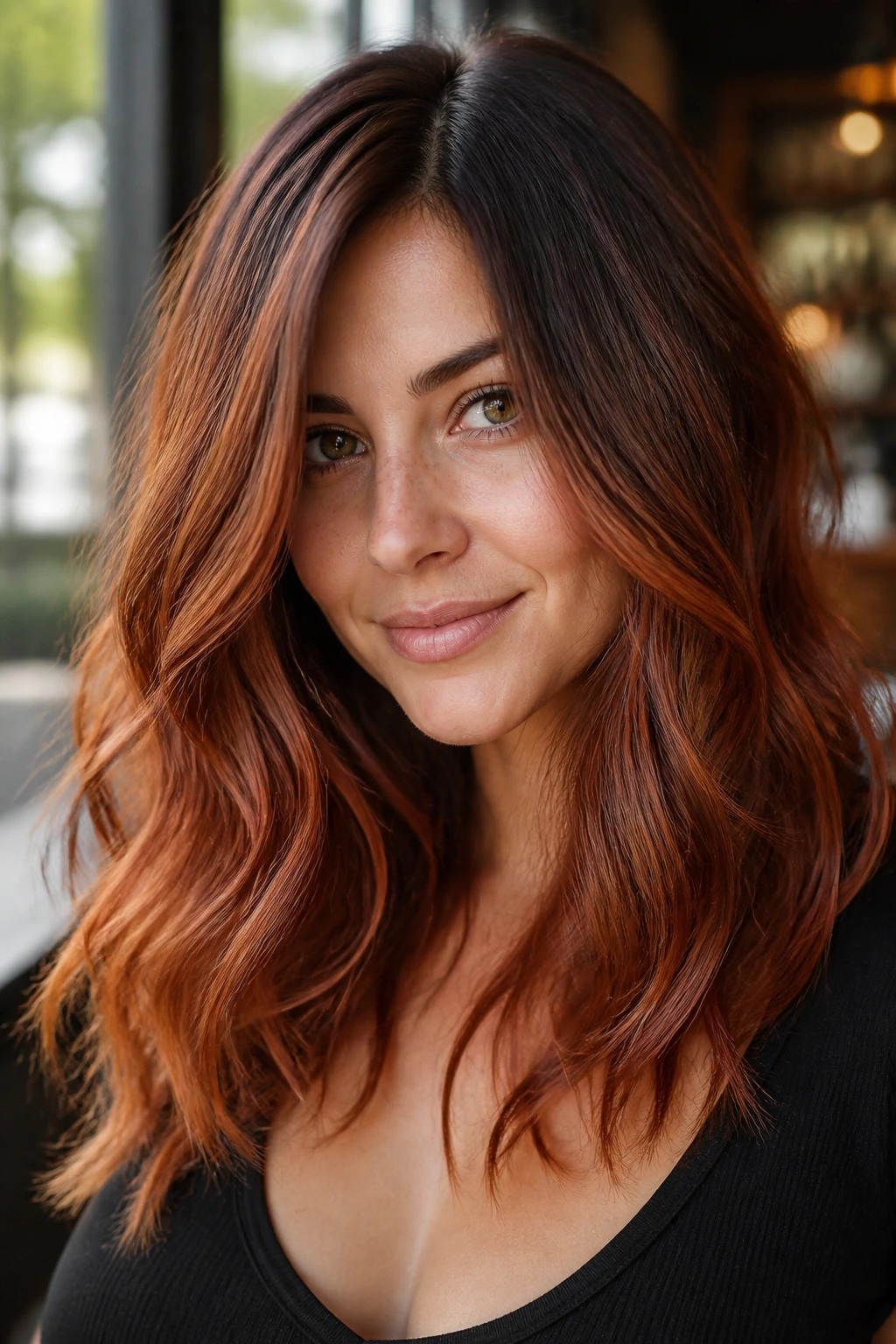 Close-up of copper auburn balayage on dark roots on a real person