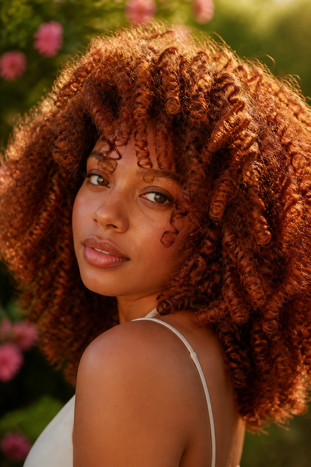 Close-up of copper and auburn curls on a real woman