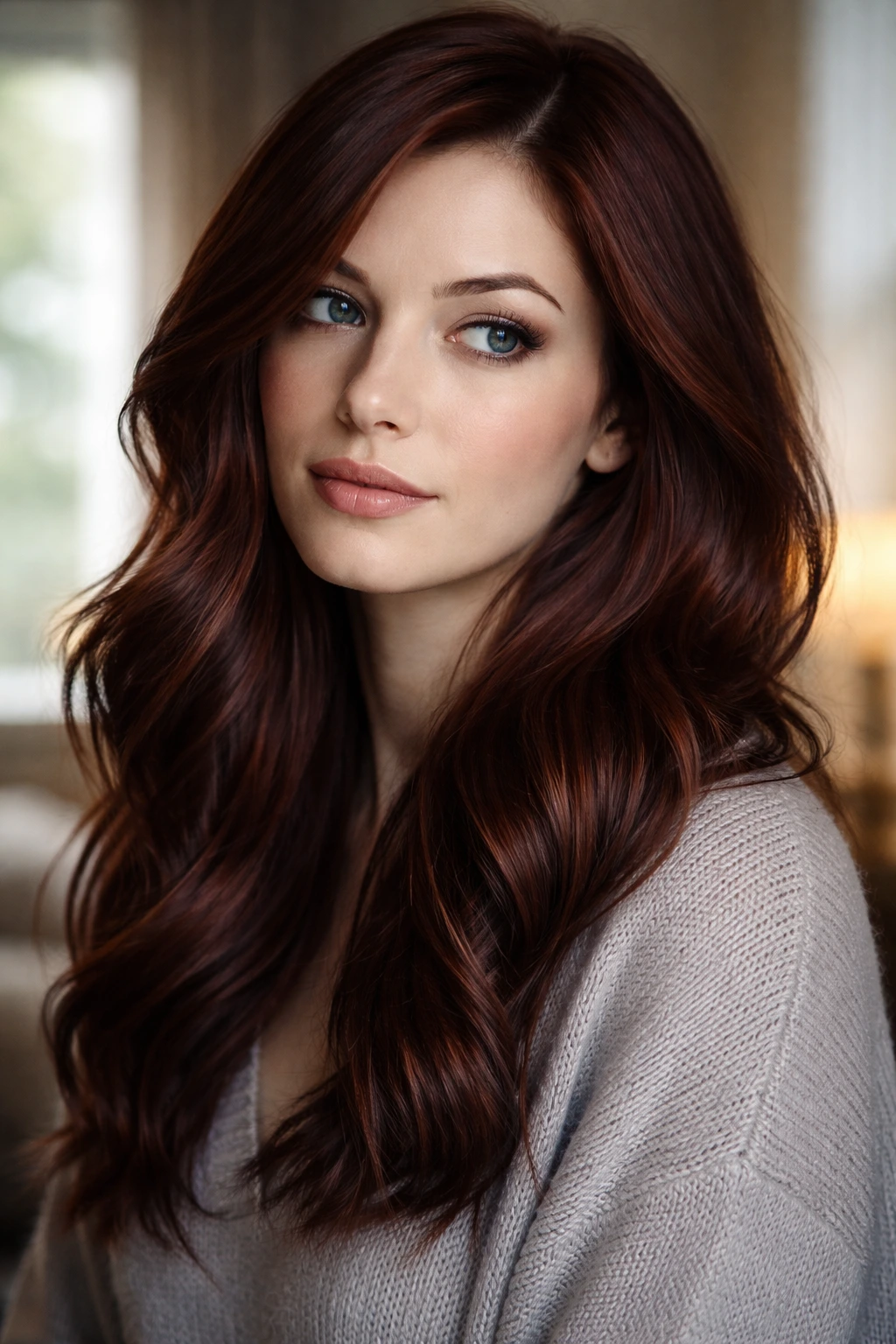 Close-up portrait of a real person with cool-toned coppery auburn hair in a warm indoor setting
