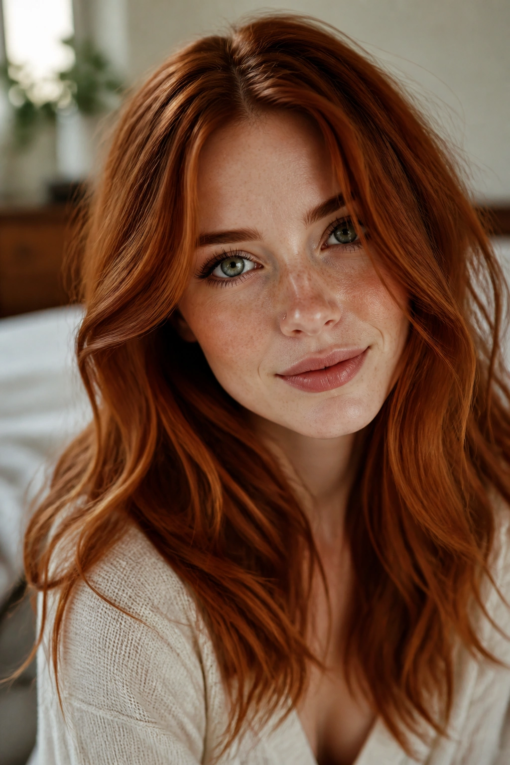 Close-up of a real woman with copper auburn hair on fair skin in warm window light